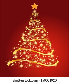 Golden Fir On A Red Background, Christmas Tree Vector