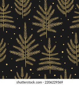 golden fir trees on black background. fantasy forest.  holiday seamless pattern. Texture for fabric, wrapping, wallpaper, background