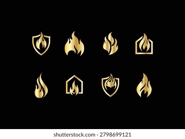 Golden Fire Flame Elements Collection. Oil and gas logo Fire shield and energy logo with vector design 