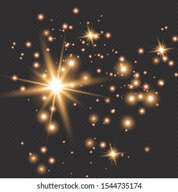 golden fire on a transparent background, golden dusty stars. Glitter vintage foundation lights. dark gold and black.