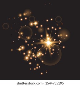 golden fire on a transparent background, golden dusty stars. Glitter vintage foundation lights. dark gold and black.