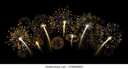 Golden firecracker. Shiny gold fireworks arc, premium yellow firework burst and luxury holiday celebration vector illustration