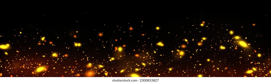 Golden firefly light with fairy dust. Magic glow isolated vector effect. Night bokeh glowworm sparkle texture isolated on dark transparent background. Beautiful flare overlay with glitter particle