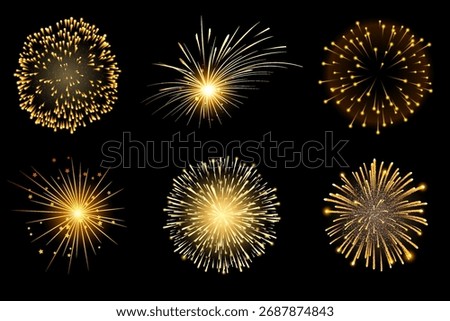 Golden Firework Burst Collection – Festive Celebration Pack, Set of Glowing Fireworks – Gold Sparkle Explosion Overlays, Festive Gold Firework Shapes – Variety Burst Pack on Black