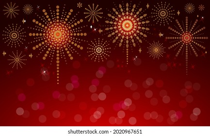 Golden Firework Celebrating Festival abstract background empty. Fireworks yellow-gold glow glitter, dark red bokeh background. Pyrotechnic artifice fantasy for Christmas New Year. vector illustration
