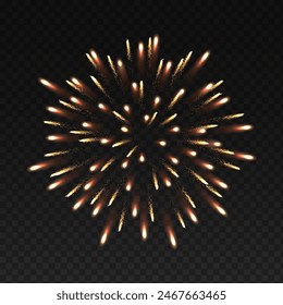 Golden firework coconut shape realistic vector illustration. Festive party explosive show on dark sly 3d element on transparent background