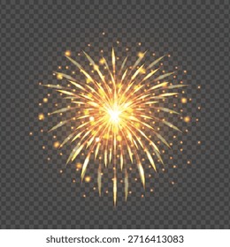 Golden firework explosion with bright sparks and glowing particles on dark transparent background, festive celebration effect, abstract energy burst