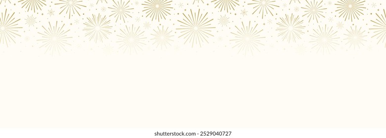 Golden firework festive holiday banner, minimalist celebration frame or footer, cover design concept, white and gold