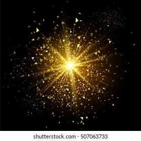 Golden firework flash isolated on black background. Vector illustration.