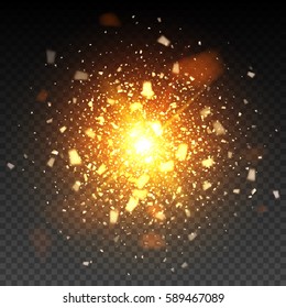 Golden firework glitter particles on the background. Stardust spark the explosion on a black background. vector illustration 3D, of realistic vector, EPS 10