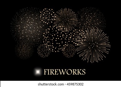 Golden firework show isolated on black background. Vector illustration