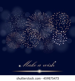 Golden firework show on ambient blue blurred background. "Make a wish" concept. Vector illustration