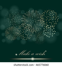 Golden firework show on ambient green blurred background. "Make a wish" concept. Vector illustration