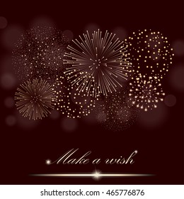 Golden firework show on ambient burgundy blurred background. "Make a wish" concept. Vector illustration