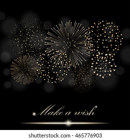 Golden firework show on ambient black blurred background. "Make a wish" concept. Vector illustration