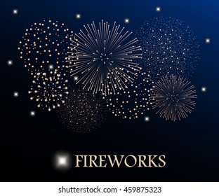 Golden firework show on night sky background. Vector illustration