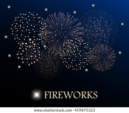 Golden firework show on night sky background. Vector illustration