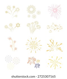 Conjunto de ícones dourados de fogos de artifício e faíscas. Vetor de luz de ruptura e estrelas para decoração de fundo de celebração de Ano Novo Chinês
