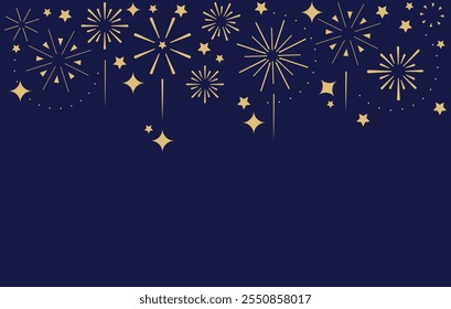  Fuegos artificiales dorados y estrellas sobre el fondo azul oscuro. Año Nuevo, festival, concepto de vacaciones. Ilustración vectorial.