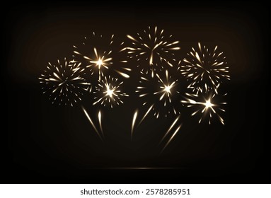 Golden firework and stars on the dark blue background. New Year, festival, holidays concept. Vector illustration.