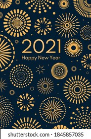 Golden fireworks 2021 New Year vector illustration, bright on dark blue background, text Happy New Year. Flat style abstract, geometric design. Concept for holiday decor, card, poster, banner, flyer.