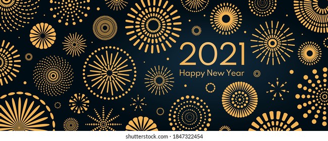 Golden fireworks 2021 New Year vector illustration, bright on dark blue background, text Happy New Year. Flat style abstract, geometric design. Concept for holiday decor, card, poster, banner, flyer.