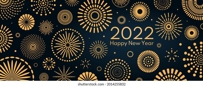 Golden fireworks 2022 Happy New Year, bright on dark background, with text. Flat style vector illustration. Abstract geometric design. Concept for holiday greeting card, poster, banner, flyer.