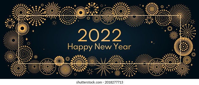Golden fireworks 2022 Happy New Year, bright on dark background, with text. Flat style vector illustration. Abstract geometric design. Concept for holiday greeting card, poster, banner, flyer.