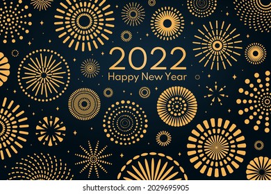 Golden fireworks 2022 Happy New Year, bright on dark background, with text. Flat style vector illustration. Abstract geometric design. Concept for holiday greeting card, poster, banner, flyer.