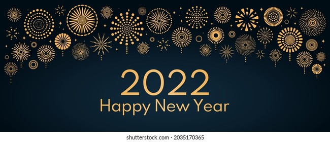 Golden fireworks 2022 Happy New Year, bright on dark background, with text. Flat style vector illustration. Abstract geometric design. Concept for holiday greeting card, poster, banner, flyer.