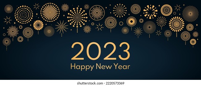 Golden fireworks 2023 Happy New Year, bright border on dark background, with text. Flat style vector illustration. Abstract geometric design. Concept for holiday greeting card, poster, banner, flyer