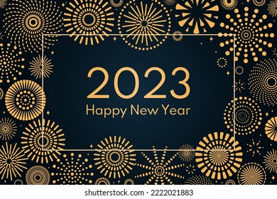 Golden fireworks 2023 Happy New Year, bright frame on dark background, with text. Flat style vector illustration. Abstract geometric design. Concept for holiday greeting card, poster, banner, flyer