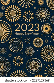 Golden fireworks 2023 Happy New Year, bright on dark background, with text. Flat style vector illustration. Abstract geometric design. Concept for holiday greeting card, poster, banner, flyer