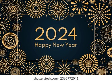 Golden fireworks 2024 Happy New Year, bright frame on dark background, with text. Flat style vector illustration. Abstract geometric design. Concept for holiday greeting card, poster, banner, flyer