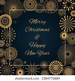 Golden fireworks 2024 Happy New Year, bright frame on dark background, with text. Flat style vector illustration. Abstract geometric design. Concept for holiday greeting card, poster, banner, flyer