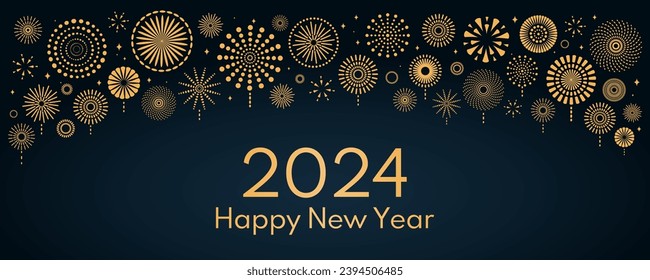 Golden fireworks 2024 Happy New Year, bright frame on dark background, with text. Flat style vector illustration. Abstract geometric design. Concept for holiday greeting card, poster, banner, flyer