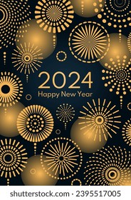 Golden fireworks 2024 Happy New Year, bright on dark background, with text. Flat style vector illustration. Abstract geometric design. Concept for holiday greeting card, poster, banner, flyer