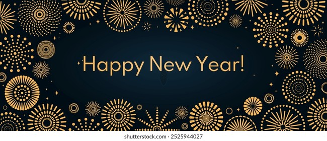 Golden fireworks 2025 Happy New Year, bright frame on dark background, with text. Flat style vector illustration. Abstract geometric design. Concept for holiday greeting card, poster, banner, flyer