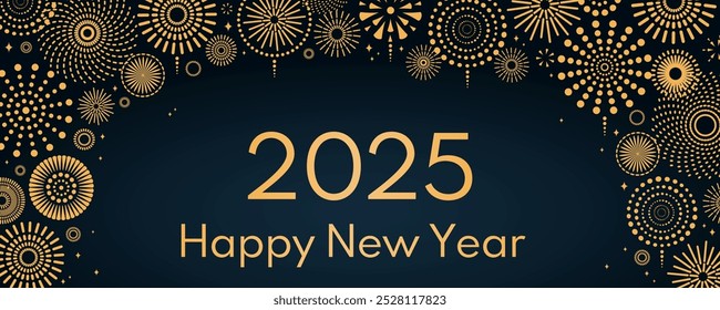 Golden fireworks 2025 Happy New Year, bright frame on dark background, with text. Flat style vector illustration. Abstract geometric design. Concept for holiday greeting card, poster, banner, flyer