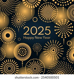 Golden fireworks 2025 Happy New Year, bright on dark background, with text. Flat style vector illustration. Abstract geometric design. Concept for holiday greeting card, poster, banner, flyer