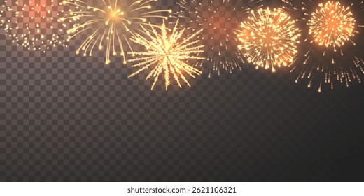 Golden Fireworks Border Display with Bright Sparkles and Glowing Light Bursts on Dark Transparent Background, Perfect for Celebration, Party, Festival, and Holiday Designs. Vector Illustration.