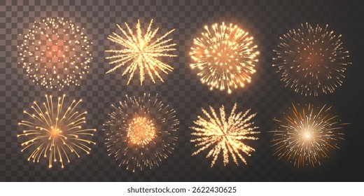 Golden Fireworks Burst Collection with Sparkling Light Effects on Transparent Dark Background, Ideal for New Year, Party, Celebration, and Festive Designs. Vector Illustration.