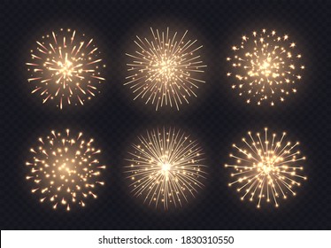 Golden fireworks collection, realistic firecracker explosions set isolated on a dark transparent background. Festive Christmas pyrotechnic show. Vector light effect.