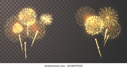 Golden Fireworks Display with Copy Space on Transparent Background, Ideal for New Year, Festival, Party, or Celebration Designs. Bright and Festive Sparkle Effect. High-Quality Vector Illustration.