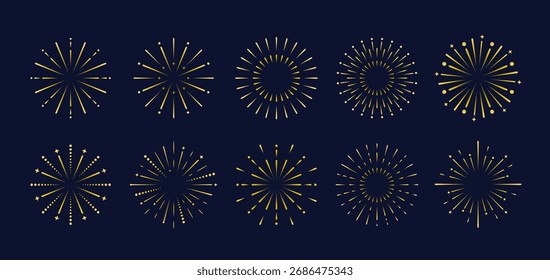 Golden Fireworks explota iconos. Iconos de fuegos artificiales aislados sobre fondo oscuro. Ilustración vectorial