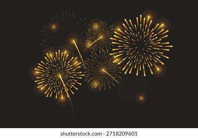 Fuegos artificiales dorados explotando contra una Ilustración vectorial de fondo oscuro.