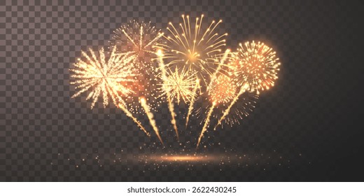 Golden Fireworks Explosion with Bright Sparkling Lights on Transparent Background, Ideal for Celebration, Party, Festival, Luxury Event, or New Year Holiday Designs. Vector Illustration.
