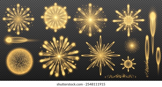 Golden fireworks explosion. Holiday decoration. Golden light effect. Vector set of elements