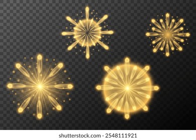 Golden fireworks explosion. Holiday decoration. Golden light effect. Vector set of elements