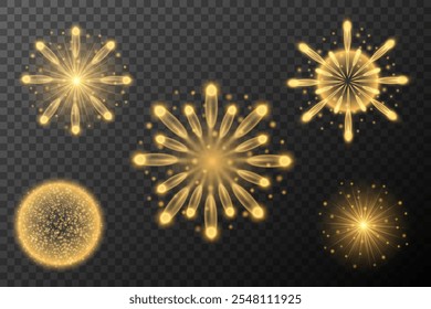 Golden fireworks explosion. Holiday decoration. Golden light effect. Vector set of elements